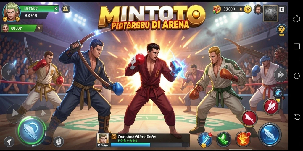 Screenshot utama MINTOTO menampilkan aksi pertarungan yang mendebarkan dan karakter yang menonjol.