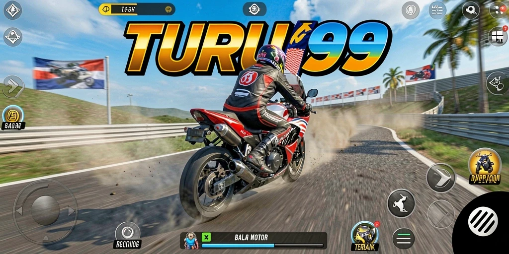 Tampilan gameplay TURU99 dengan aksi balap yang seru dan motor kustom.